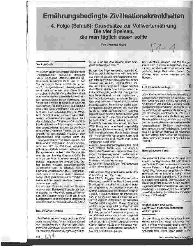 Vorschauseite 1: Ernährungsbedingte Zivilisationskrankheiten - 4.Folge (Schluß) Grundsätze zur Vollwerternährung - Die vier Speisen , die man ...