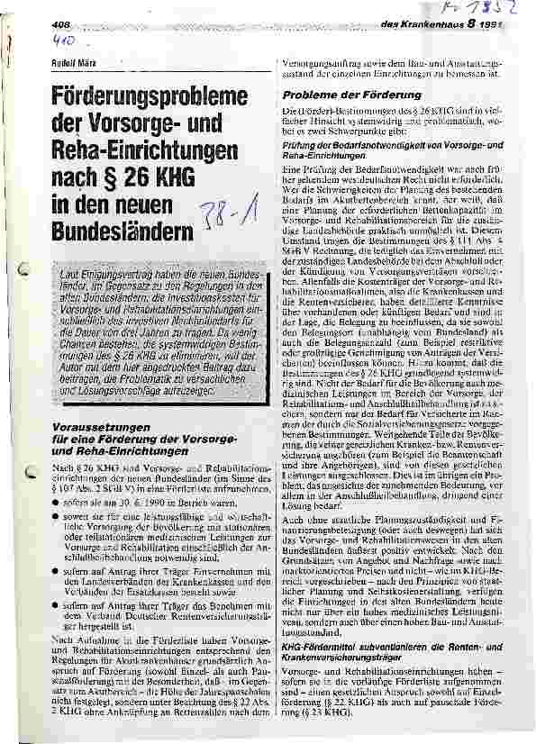 Vorschauseite 1: Förderungsprobleme der Vorsorgeund Reha-Einrichtungen nach Paragraph 26 KHG in den neuen Bundesländern