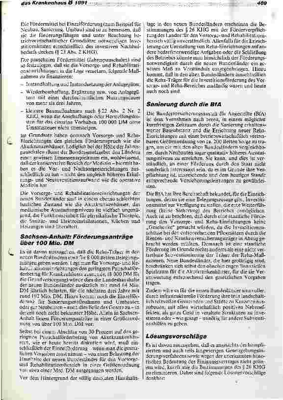 Vorschauseite 2: Förderungsprobleme der Vorsorgeund Reha-Einrichtungen nach Paragraph 26 KHG in den neuen Bundesländern