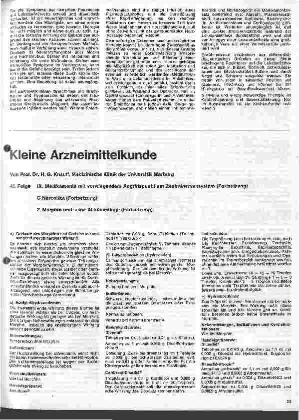 Vorschauseite 1: Kleine Arzneimittelkunde 46. Folge: IX. Medikamente mit vorwiegenden Angriffspunkt am Zentralnervensystem Narcotika (Forts)