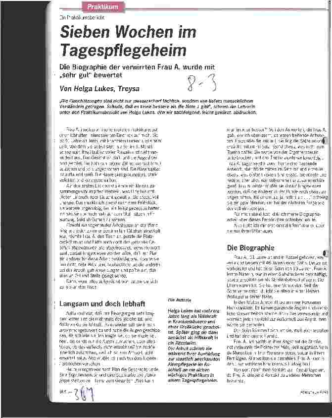 Vorschauseite 1: Sieben Wochen im Tagespflegeheim - Die Biographie der verwirrten Frau A. wurde mit Sehr gut bewertet