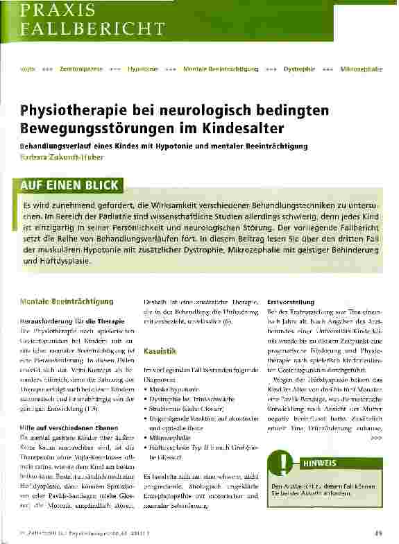 Vorschauseite 1: Physiotherapie bei neurologisch bedingten Bewegungsstörungen im KindesalterBehandlungsverlauf eines Kindes mit Hypotonie und mentaler Beeinträchtigung