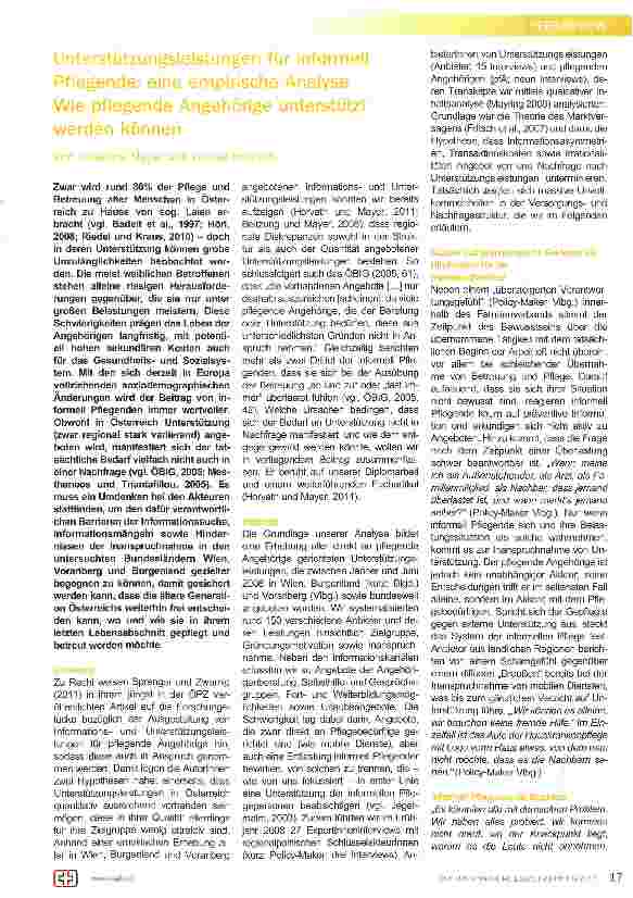 Vorschauseite 1: Unterstützungsleistungen für informell Pflegende: eine empirische Analyse Wie pflegende Angehörige unterstützt werden können