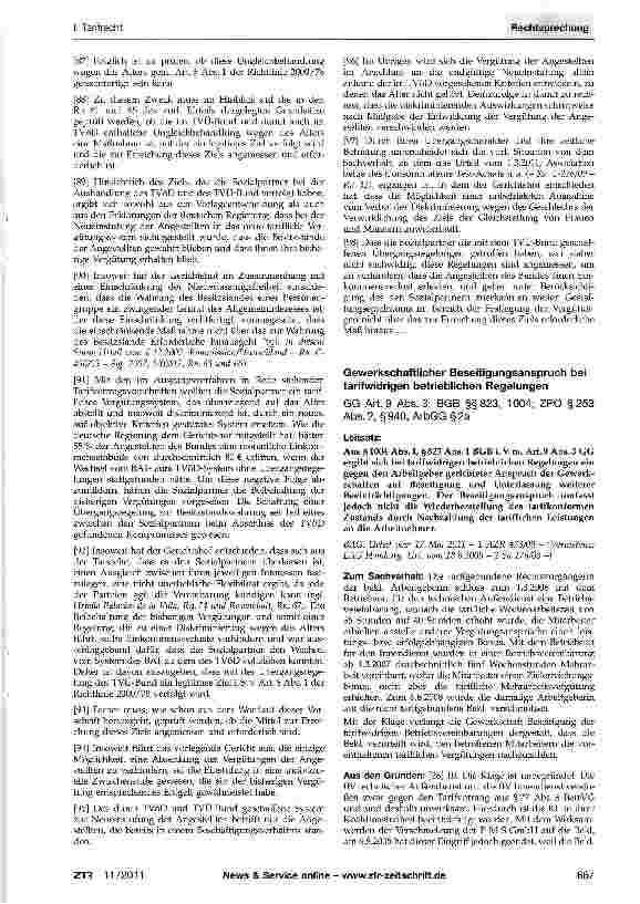 Vorschauseite 1: Gewerkschaftlicher Beseitigungsanspruch bei tarifwidrigen betrieblichen RegelungenGG Art. 9 Abs. 3; BGB §§823, 1004; ZPO §253 Abs. 2, §940; ArbGG§2a