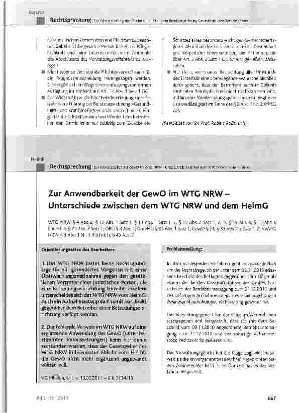 Vorschauseite 1: Zur Anwendbarkeit der GewO im WTG NRW -Unterschiede zwischen dem WTG NRW und dem HeimG