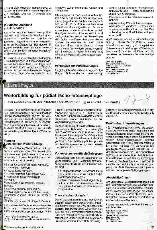 Vorschauseite 1: Weiterbildung für pädiatrische Intensivpflege - Ein Modellversuch der Küstenländer-Weiterbildung in Norddeutschland