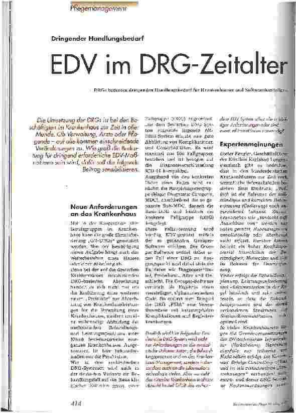 Vorschauseite 1: EDV im DRG-Zeitalter DRGs bedeuten dringenden Handlungsbedarf für Krankenhäuser und Softwarehersteller