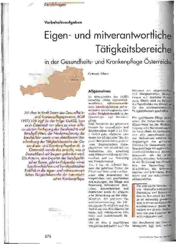 Vorschauseite 1: Eigenund mitverantwortliche Tätigkeitsbereiche in der Gesunheitsund Krankenpflege Österreichs