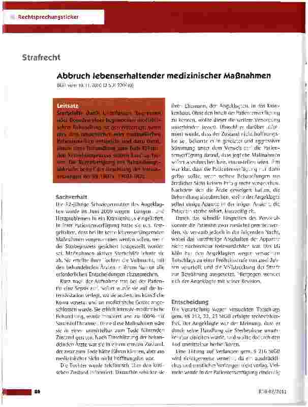 Vorschauseite 1: Abbruch lebenserhaltender medizinischer MaßnahmenBGH vom 10.11.2010 (2 StR 320/10)
