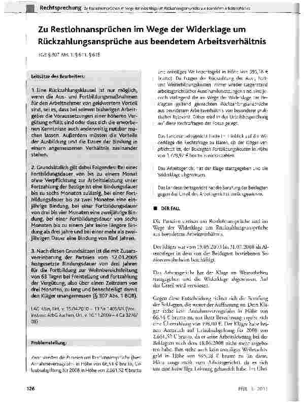Vorschauseite 1: Zu Restlohnansprüchen im Wege der Widerklage um Rückzahlungsansprüche aus beendetem Arbeitsverhältnis BGB§307Abs. 1(§611, §615