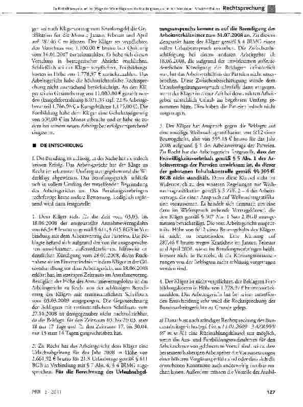 Vorschauseite 2: Zu Restlohnansprüchen im Wege der Widerklage um Rückzahlungsansprüche aus beendetem Arbeitsverhältnis BGB§307Abs. 1(§611, §615