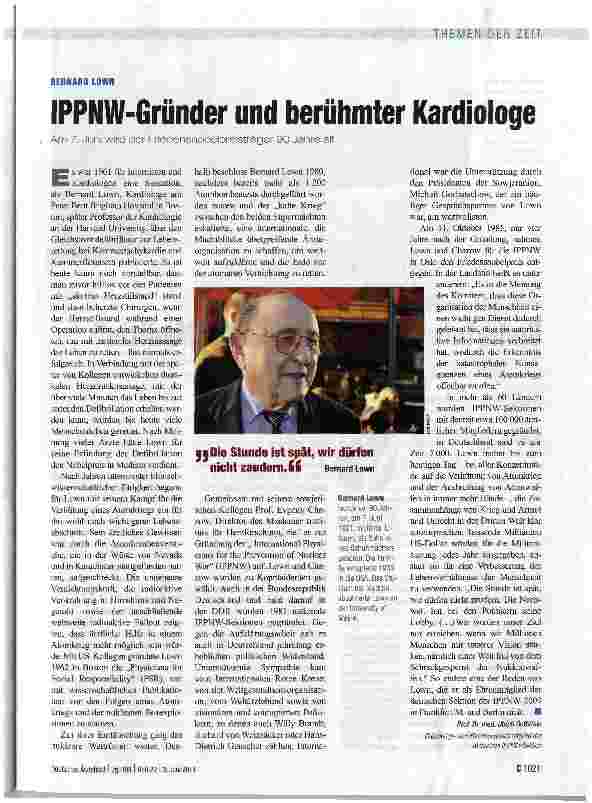 Vorschauseite 1: IPPNW-Gründer und berühmter Kardiologe