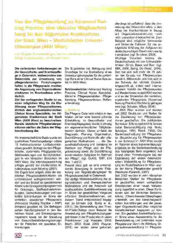 Vorschauseite 1: Von der Pflegeberatung zu Advanced Nursing Practice: eine visionäre Wegbeschreibung für das Allgemeine Krankenhaus der Stadt Wien - Medizinischer Universitätscampus (AKH Wien)
