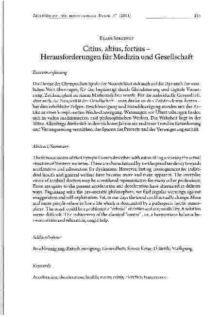 Vorschauseite 1: Citius, altius, fortius -Herausforderungen für Medizin und Gesellschaft