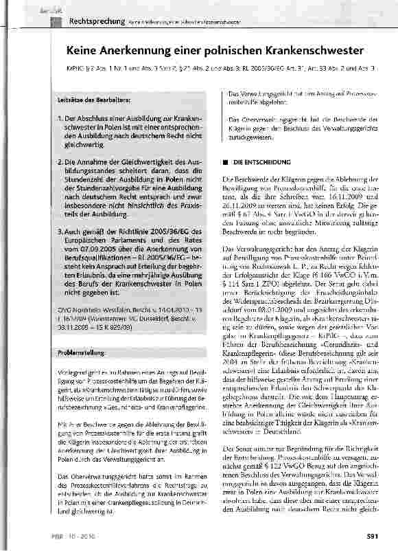 Vorschauseite 1: Keine Anerkennung einer polnischen KrankenschwesterKrPflG § 2 Abs. 1 Nr. 1 und Abs. 3 Satz 2, § 25 Abs. 2 und Abs. 3; RL 2005/36/EG Art. 31, Art. 33 Abs. 2 und Abs. 3