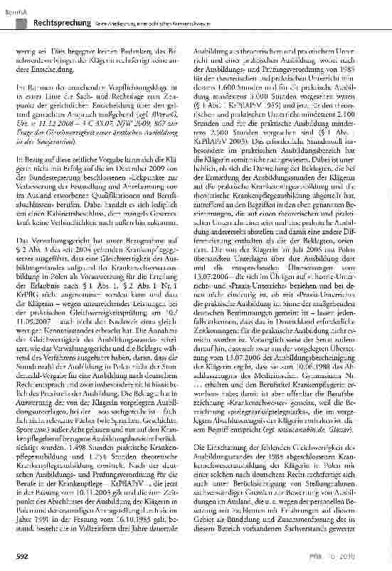 Vorschauseite 2: Keine Anerkennung einer polnischen KrankenschwesterKrPflG § 2 Abs. 1 Nr. 1 und Abs. 3 Satz 2, § 25 Abs. 2 und Abs. 3; RL 2005/36/EG Art. 31, Art. 33 Abs. 2 und Abs. 3