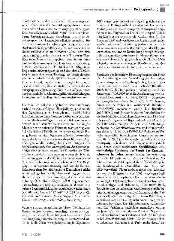 Vorschauseite 3: Keine Anerkennung einer polnischen KrankenschwesterKrPflG § 2 Abs. 1 Nr. 1 und Abs. 3 Satz 2, § 25 Abs. 2 und Abs. 3; RL 2005/36/EG Art. 31, Art. 33 Abs. 2 und Abs. 3