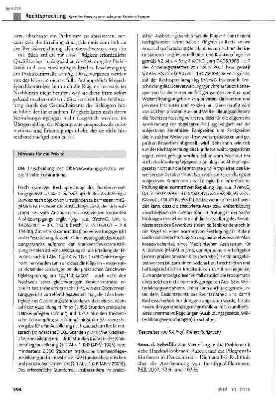 Vorschauseite 4: Keine Anerkennung einer polnischen KrankenschwesterKrPflG § 2 Abs. 1 Nr. 1 und Abs. 3 Satz 2, § 25 Abs. 2 und Abs. 3; RL 2005/36/EG Art. 31, Art. 33 Abs. 2 und Abs. 3