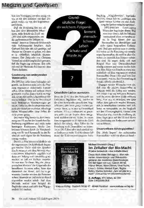 Vorschauseite 3: Forschen mit menschlichen Embryonen? Deutsche Forschungsgemeinschaft eröffnet Debatte