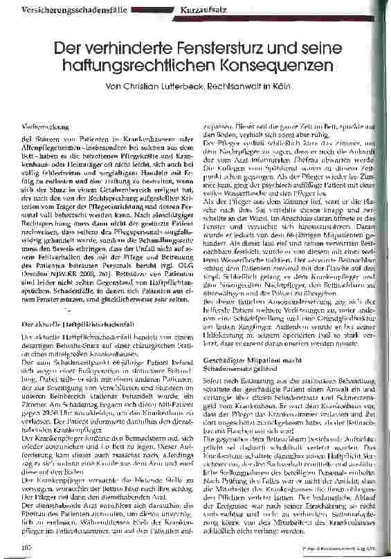Vorschauseite 1: Der verhinderte Fenstersturz und seine haftungsrechtlichen Kosequenzen