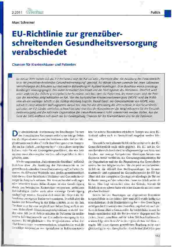Vorschauseite 1: EU-Richtlinie zur grenzüberschreitenden Gesundheitsversorgung verabschiedetChancen für Krankenhäuser und Patienten