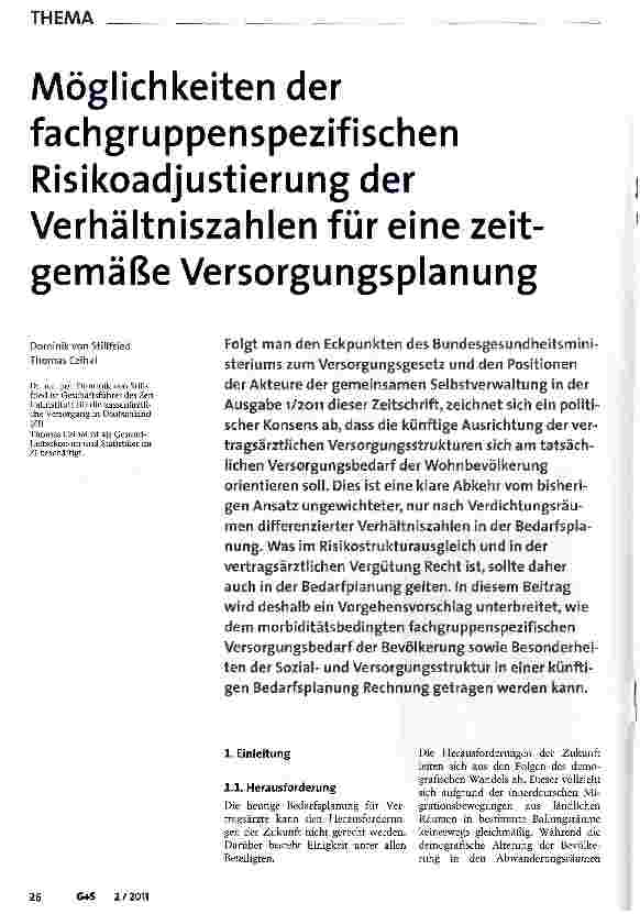 Vorschauseite 1: Möglichkeiten der fachgruppenspezifischen Risikoadjustierung der Verhältniszahlen für eine zeitgemäße Versorgungsplanung