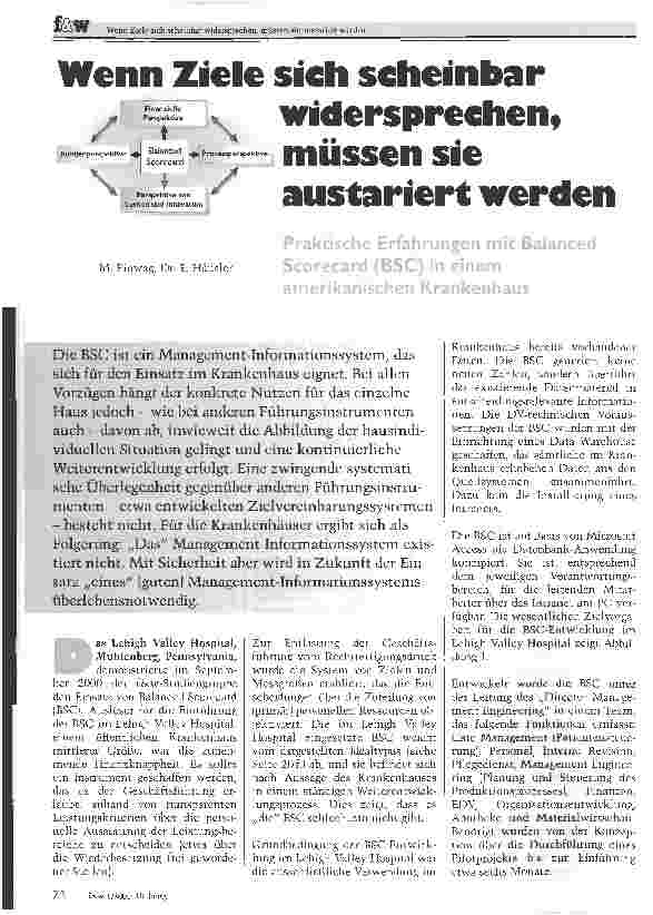 Vorschauseite 1: Wenn Ziele sich scheinbar widersprechen, müssen sie austariert werden. Praktische Erfahrungen it Balanced Scorecard(BSC) in einem amerikanischen Krankenhaus.