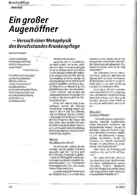 Vorschauseite 1: Ein großer Augenöffner - Versuch einer Metaphysik des Berufsstandes Krankenpflege
