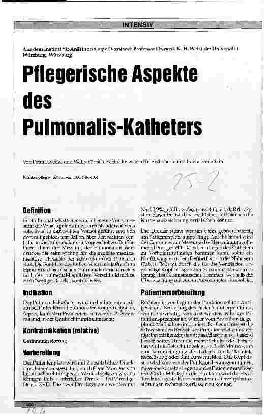 Vorschauseite 1: Pflegerische Aspekte des Pulmonalis-Katheters