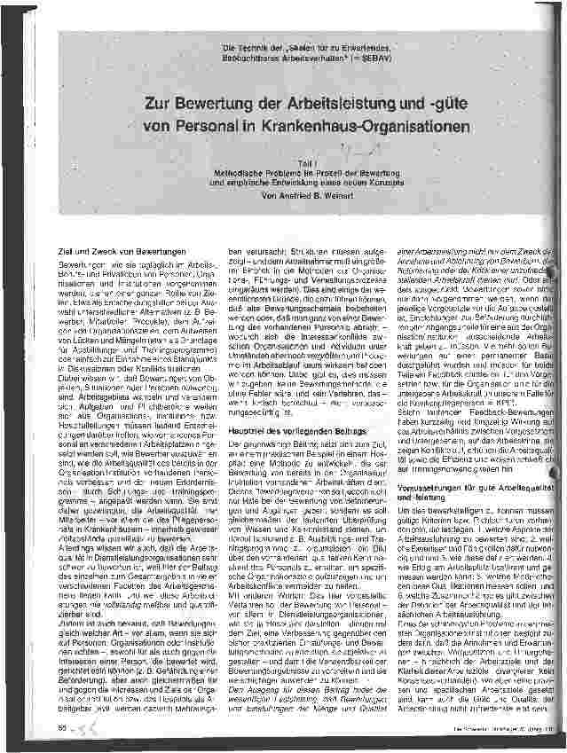 Vorschauseite 1: Zur Bewertung der Arbeitsleistung und Güte von Personal in Krankenhaus - Organisationen Teil I