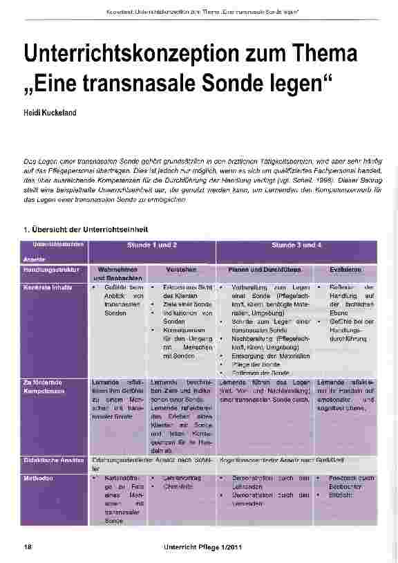 Vorschauseite 1: Unterrichtskonzeption zum Thema „Eine transnasale Sonde legen