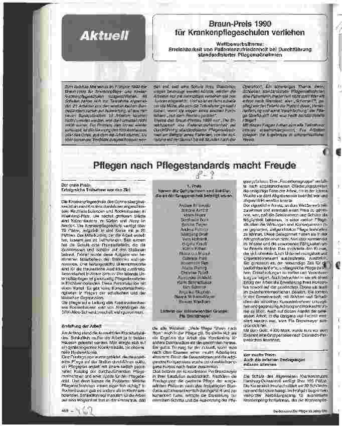 Vorschauseite 1: Braun-Preis 1990 für Krankenpflegeschulen verliehen Pflegen nach Pflegestandards macht Freude