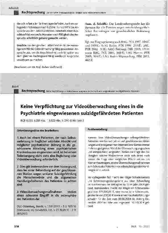 Vorschauseite 1: Keine Verpflichtung zur Videoüberwachung eines in die Psychiatrie eingewiesenen suizidgefährdeten PatientenBGB §253, §280 Abs. 1, §823 Abs. 1; ZPO § 360 Satz 2