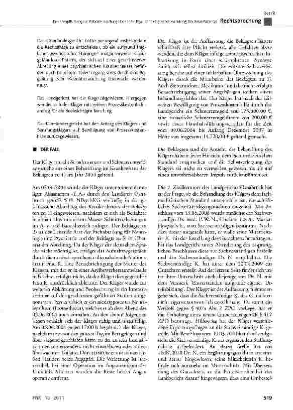 Vorschauseite 2: Keine Verpflichtung zur Videoüberwachung eines in die Psychiatrie eingewiesenen suizidgefährdeten PatientenBGB §253, §280 Abs. 1, §823 Abs. 1; ZPO § 360 Satz 2