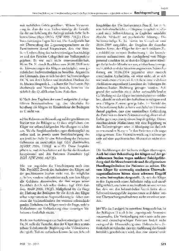 Vorschauseite 4: Keine Verpflichtung zur Videoüberwachung eines in die Psychiatrie eingewiesenen suizidgefährdeten PatientenBGB §253, §280 Abs. 1, §823 Abs. 1; ZPO § 360 Satz 2