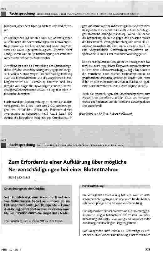 Vorschauseite 6: Keine Verpflichtung zur Videoüberwachung eines in die Psychiatrie eingewiesenen suizidgefährdeten PatientenBGB §253, §280 Abs. 1, §823 Abs. 1; ZPO § 360 Satz 2