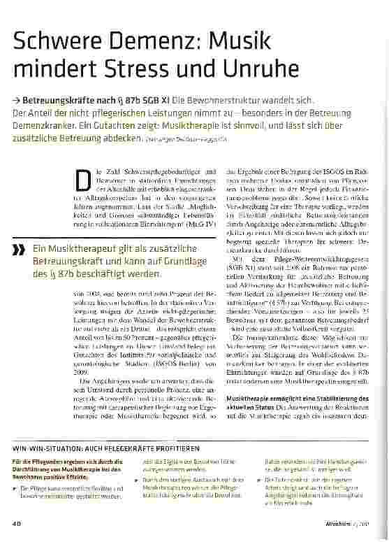 Vorschauseite 1: Schwere Demenz: Musik mindert Stress und UnruheBetreuungskräfte nach § 87b SCB XI