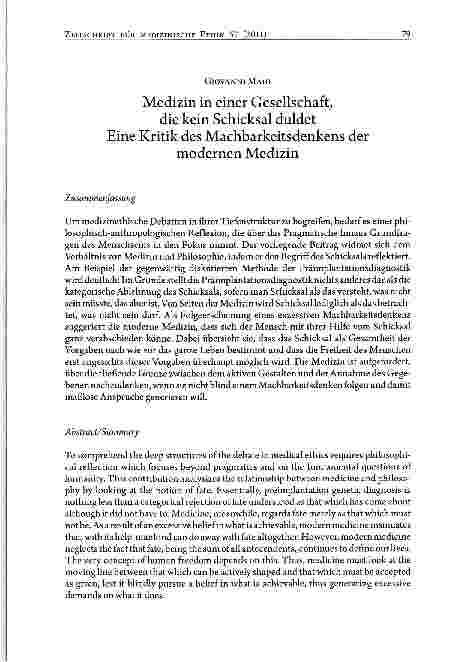 Vorschauseite 1: Medizin in einer Gesellschaft, die kein Schicksal duldet Eine Kritik des Machbarkeitsdenkens der modernen Medizin