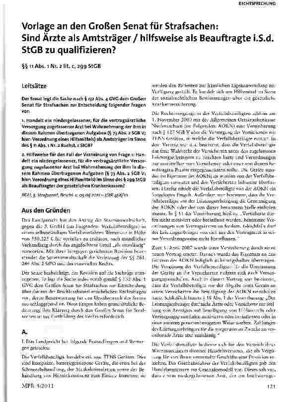 Vorschauseite 1: Vorlage an den Großen Senat für Strafsachen: Sind Ärzte als Amtsträger / hilfsweise als Beauftragte i.S.d,StGB zu qualifizieren?
