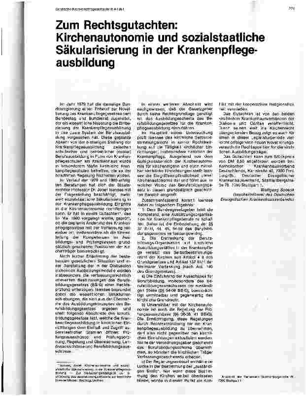 Vorschauseite 1: Zum Rechtsgutachten: Kirchenautonomie und sozialstaatliche Säkularisierung in der Krankenpflegeausbildung
