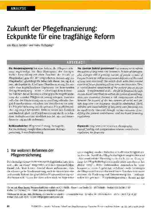 Vorschauseite 1: Zukunft der Pflegefinanzierung: Eckpunkte für eine tragfähige Reform