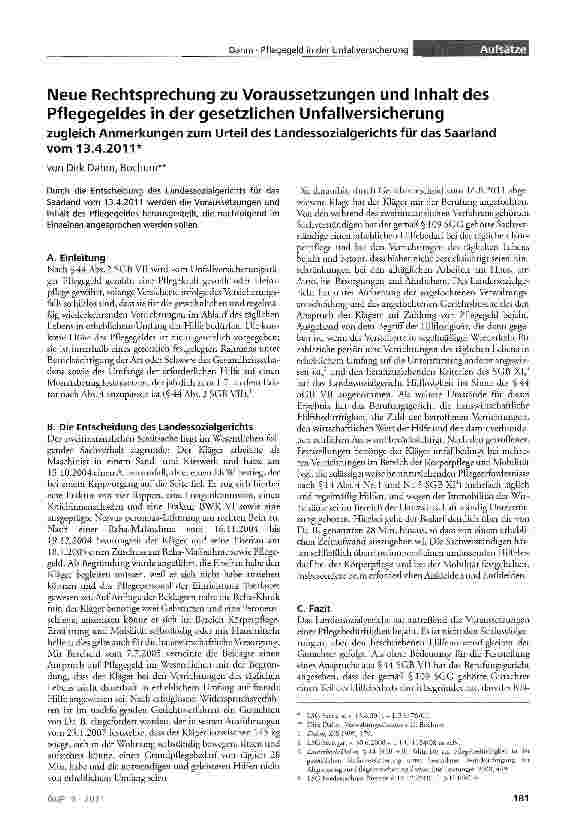 Vorschauseite 1: Neue Rechtsprechung zu Voraussetzungen und Inhalt des Pflegegeldes in der gesetzlichen Unfallversicherung