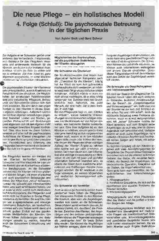Vorschauseite 1: Die neue Pflege - ein holistisches Modell 4. Folge (Schluß): Die psychosoziale Betreuung in der täglichen Praxis