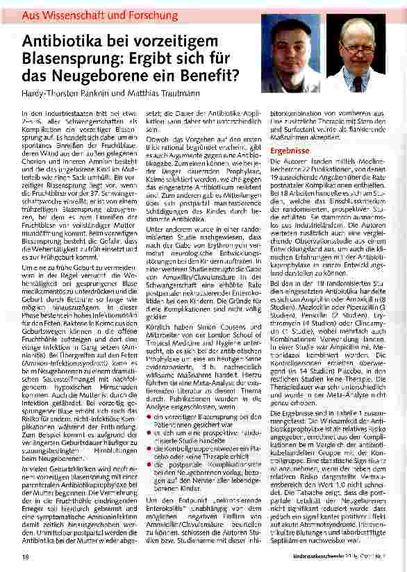Vorschauseite 1: Antibiotika bei vorzeitigem Blasensprung: Ergibt sich für das Neugeborene ein Benefit?