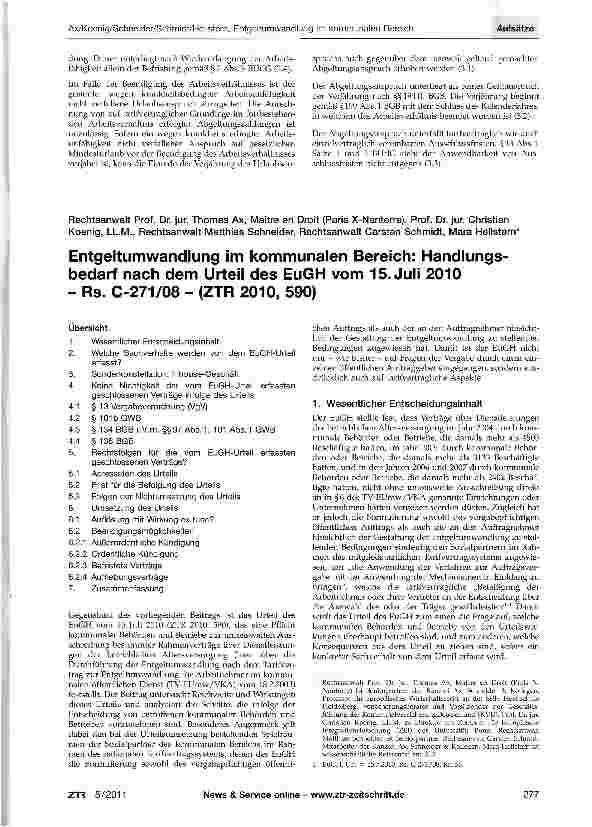 Vorschauseite 1: Entgeltumwandlung im kommunalen Bereich: Handlungsbedarf nach dem Urteil des EuGH vom 15. Juli 2010 - Rs. C-271/08 - (ZTR 2010, 590)