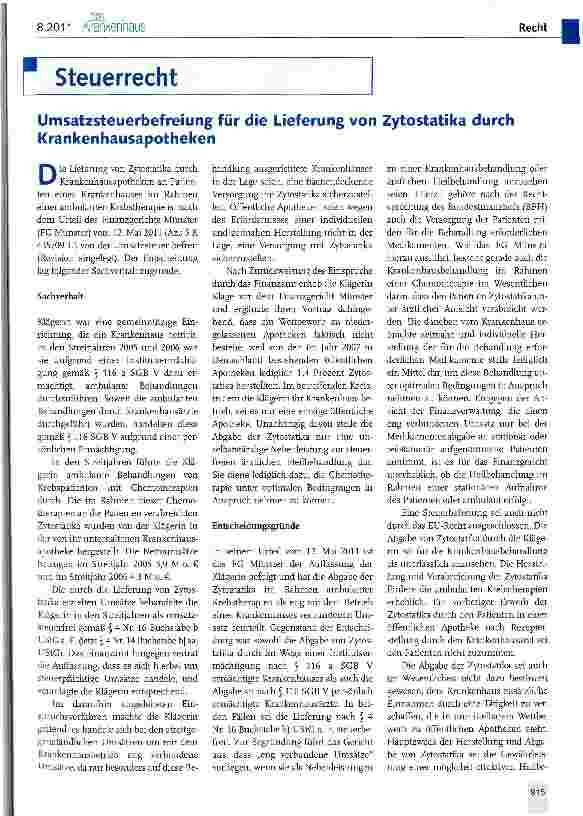 Vorschauseite 1: Umsatzsteuerbefreiung für die Lieferung von Zytostatika durch Krankenhausapotheken
