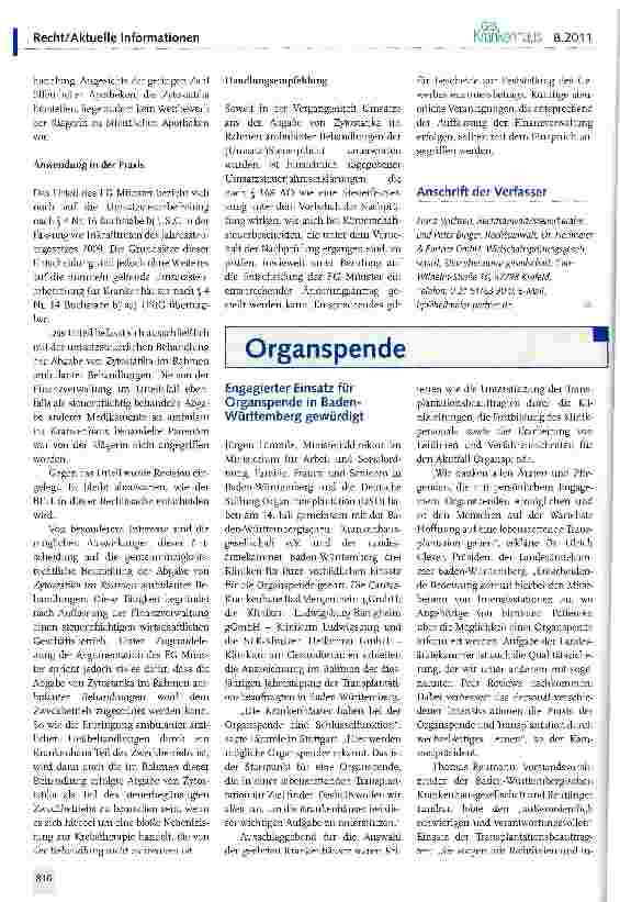 Vorschauseite 2: Umsatzsteuerbefreiung für die Lieferung von Zytostatika durch Krankenhausapotheken