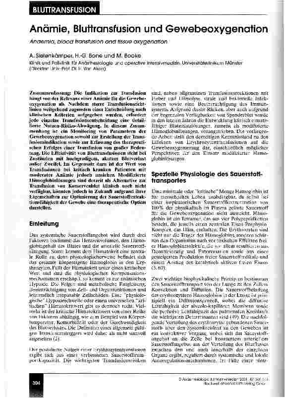 Vorschauseite 1: Anämie, Bluttransfusion und Gewebeoxygenation