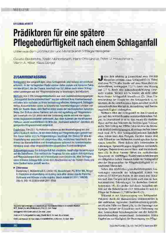 Vorschauseite 1: Prädiktoren für eine spätere Pflegebedürftigkeit nach einem Schlaganfall