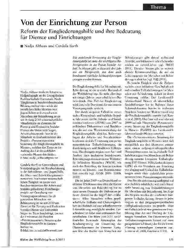 Vorschauseite 1: Von der Einrichtung zur Person Reform der Eingliederungshilfe und ihre Bedeutung für Dienste und Einrichtungen